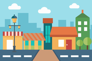 Colorful flat design town scene with buildings and street