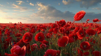 Obraz premium Vibrant poppy field under bright sky. AI image