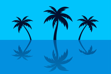 Three palm trees silhouetted against a bright blue sky reflected in water
