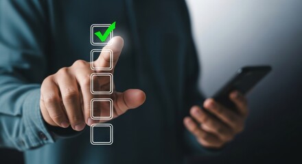 A person checks off an item on a digital checklist using a smartphone, signifying task completion