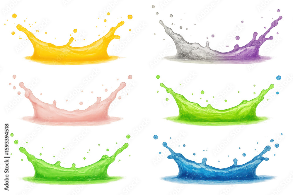 Poster set of colorful liquid splashes, isolated on transparent background, creating a dynamic and refreshi