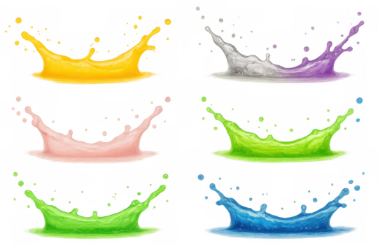 Set of colorful liquid splashes, isolated on transparent background, creating a dynamic and refreshing visual