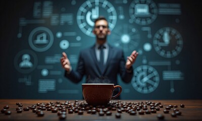 A steaming cup of coffee and scattered beans on a desk, with a blurred business professional presenting against an illuminated futuristic data display.