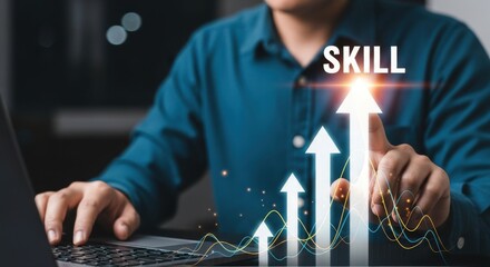 Person s finger touching skill word over upward trend arrows and graph