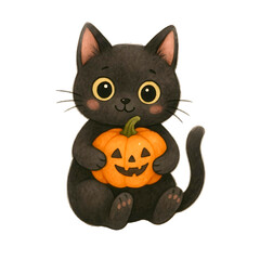 Fototapeta premium Cat Hugging Pumpkin – Halloween Watercolor Illustration