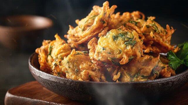 Pakora indian food on dark background with smoke