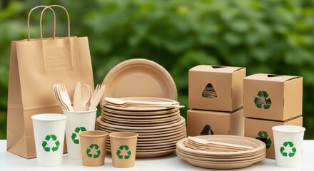 Eco friendly disposable tableware set with recycling symbols for outdoor events