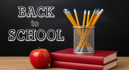 Back to school supplies with apple and books on a chalkboard background