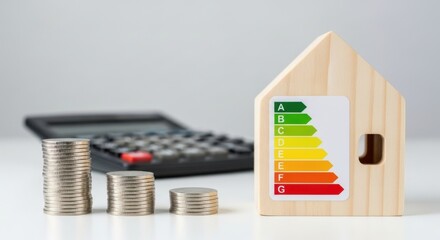 Wooden house model with energy efficiency label and stacks of coins