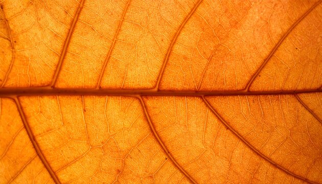 Glowing orange autumn leaf texture in extreme close-up. Detailed backlit macro of dry foliage with a network of golden veins, creating a warm abstract background.