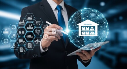 A businessman uses a tablet to manage a global logistics and supply chain network with various icons