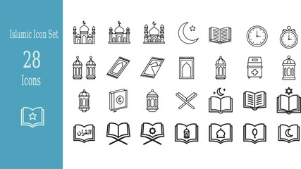 Black and white Islamic icon set featuring mosques crescent moon books clocks lanterns and