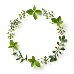 Fresh Green Herb Wreath Isolated on White, Botanical Nature Background
