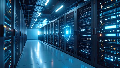 Cybersecurity and data protection concept. Glowing blue shield and padlock icon on server racks in a modern, futuristic data center hallway with cool neon lighting.