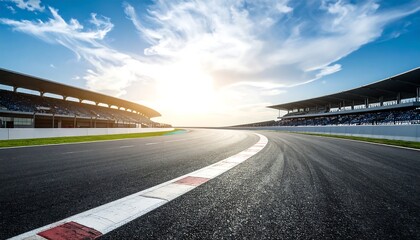 Fototapeta premium Empty asphalt race track and grandstand with sunshine. A modern motorsport circuit with a beautiful blue sky, perfect for a background.