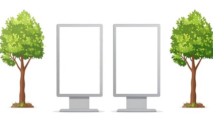 Obraz premium Two modern vertical citylight displays with blank white screens for mockup, flanked by green trees. Isolated outdoor advertising billboard template on white background.