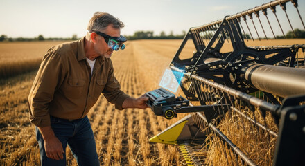 A farmer uses augmented reality glasses while inspecting a combine harvester in a wheat field view