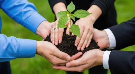 Teamwork and growth people holding a seedling in their hands
