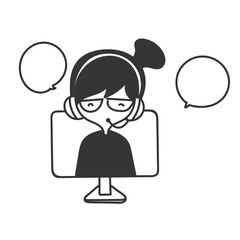 cute cartoon customer service girl in the computer monitor in doodle