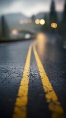 Reflections on the road: A wet asphalt road with yellow lines in the twilight