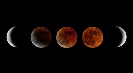 Lunar eclipse progression showing phases from crescent to blood moon