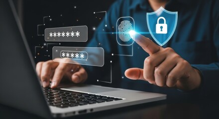 A person uses a fingerprint scan to log in on a laptop, ensuring digital security and data protection