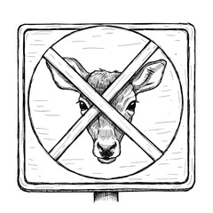 No hunting sign with a fawn illustration, monochrome hand-drawn sketch. Wildlife protection and conservation concept, for nature reserves, forest regulations, environmental awareness campaigns