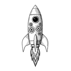 Rocket with gears, hand-drawn sketch with intricate mechanical elements, black and white. Innovation, progress, engineering concept, for technology startups, educational materials, business developmen