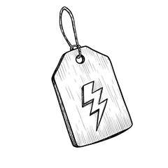 Tag with lightning symbol, hand-drawn sketch illustration, black and white. Speed, energy, flash sale concept, for e-commerce promotions, discount labels, quick deals, warning signs