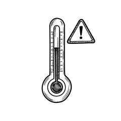 Thermometer with warning symbol illustrating high temperature alert, hand-drawn doodle art, black and white. High fever, overheating, health warning concept, for medical apps, safety alerts, education