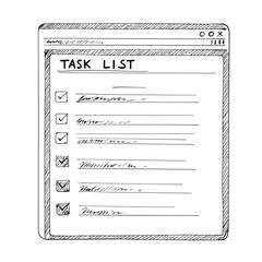 Task list screen with checkboxes and handwritten notes in digital style  