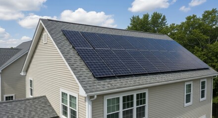 Modern home with extensive solar panel array on a sunny day