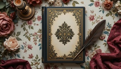 Ornate Book Flat Lay with Feather and Vintage Props