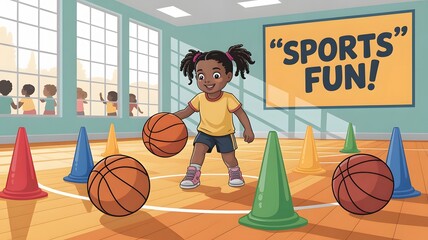 preschool sports room with colorful cones and basketballs, illuminated by early morning light, creating a playful atmosphere. Sports classroom with many colorful cushions, created with generative ai