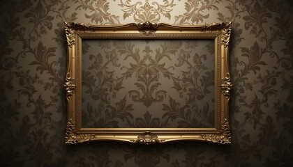 Vintage Ornate Gold Frame Mockup on Damask Wall