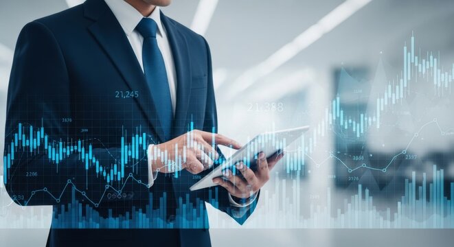 A businessman analyzes financial data and stock market charts on a tablet with glowing overlays