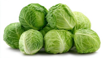 Obraz premium Vibrant green cabbages on white background. AI image