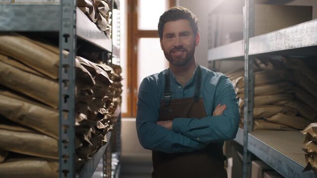 Confident happy professional coffee factory worker Caucasian man small business owner male looking at camera smiling folding hands crossed arms gesture inventory warehouse packaging inspection indoors