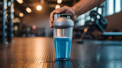  man hand with protein shaker at gym. Fitness healthy lifestyle concept. Supplement product, creatine, glutamine for workout, Bodybuilder during strength training, created with generative ai