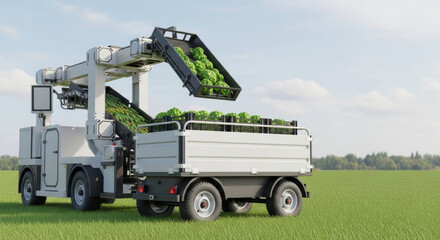 Obraz premium A robotic harvester loading lettuce into a trailer in a field on a sunny day with a clear blue sky