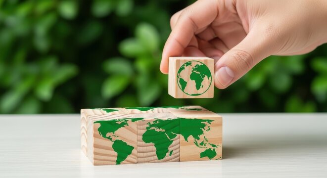Hand placing a wooden cube with a green earth symbol onto world map blocks