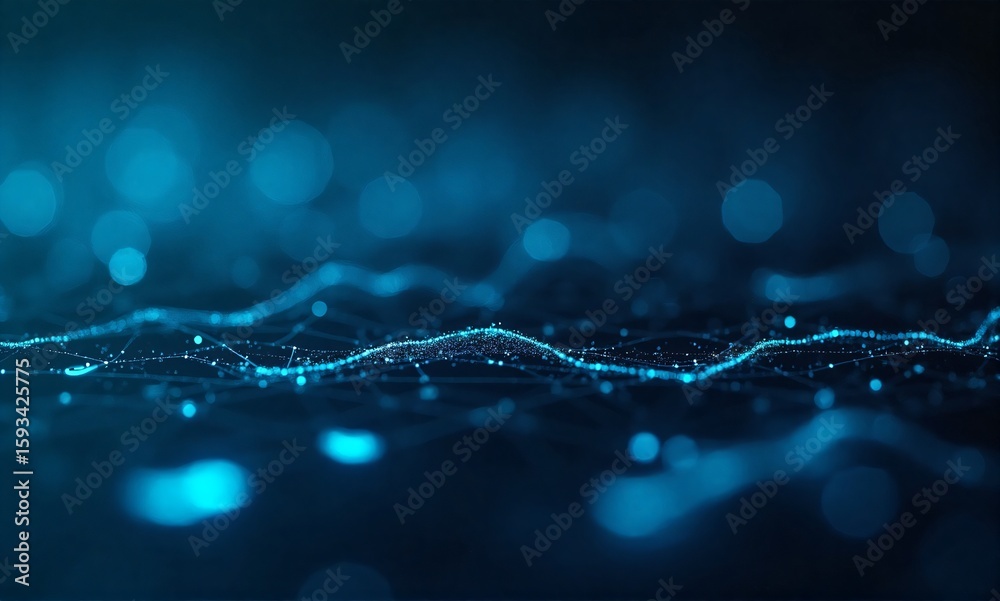 Poster dynamic blue digital wave of interconnected particles on a dark background, illustrating advanced te
