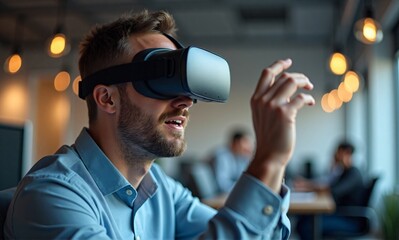 A man wearing a VR headset gestures in a modern office, showcasing immersive tech. He appears engaged, interacting with the virtual environment. Soft lighting and colleagues in background.