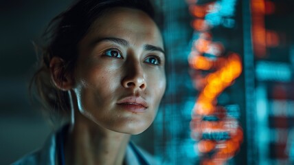 DNA strands and data processing over an Asian female hospital doctor