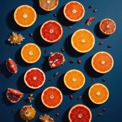 Vibrant Citrus Medley Arranged Harmoniously on a Rich Blue Background