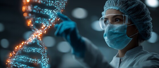 DNA strands and data processing over an Asian female hospital doctor