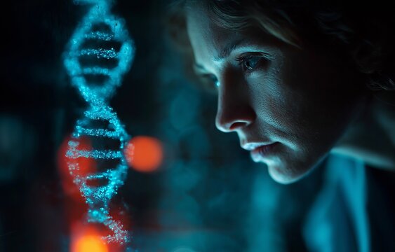 DNA strands and data processing over an Asian female hospital doctor - Powered by Adobe