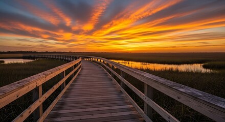 Wooden boardwalk through a marsh at sunset