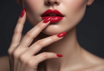 Glamorous close-up of a woman with vivid red lipstick and matching nails