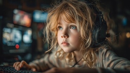 Fototapeta premium At home, a focused young girl who enjoys talking into a microphone while playing computer games streams
